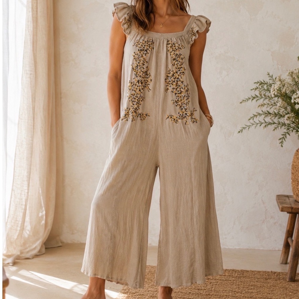 Free People Embroidered Wide Leg Jumpsuit Taupe Beige Boho Smocked Small